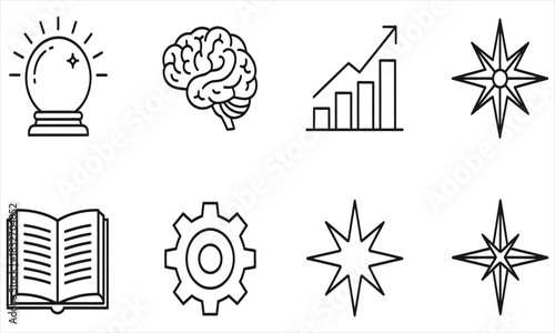 Collection of eight line art icons representing concepts such as prediction, intellect, growth, direction, knowledge, mechanics, and creativity