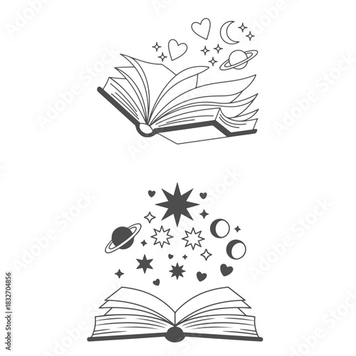 a black and white illustration of an open book with stars and planets