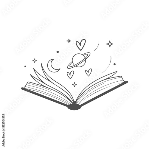 a black and white illustration of an open book with stars and planets