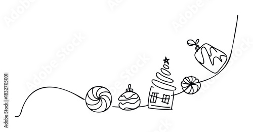 Simple line drawing of festive holiday ornaments including a house, tree, and candy, perfect for seasonal greetings and celebrations.