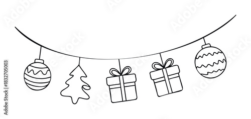 Festive Christmas garland with hanging ornaments, presents and a tree, perfect for holiday celebrations and seasonal greetings.