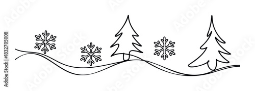 Festive winter line art border with trees and snowflakes for holiday greetings and seasonal promotions