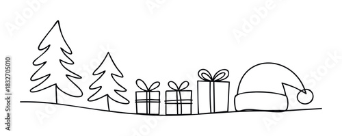 Festive outline drawing of Christmas trees gifts and Santa hat arranged on a gentle slope suitable for holiday season branding and festive greetings