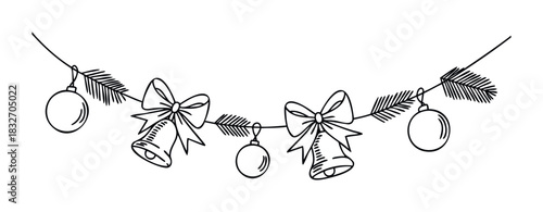 Christmas garland with pine branches, ornaments, bows, and bells for holiday decoration, ideal for festive greetings and seasonal projects