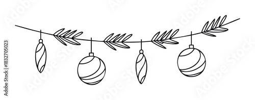 Festive garland with pine branches and hanging Christmas ornaments, perfect for holiday decor and seasonal celebrations