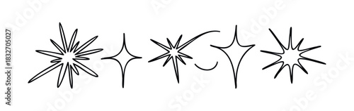 Collection of hand drawn starburst shapes and sparkle icons in black outline, perfect for graphic overlays, festive celebrations, and dynamic visual accents.