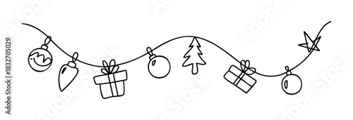 Festive Christmas garland with ornaments, gifts, and a star for holiday decorations and winter celebration designs