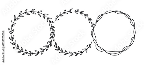 Set of three delicate black outlines frames with botanical leaves and swirling lines, perfect for wedding invitations, greeting cards, and feminine branding.