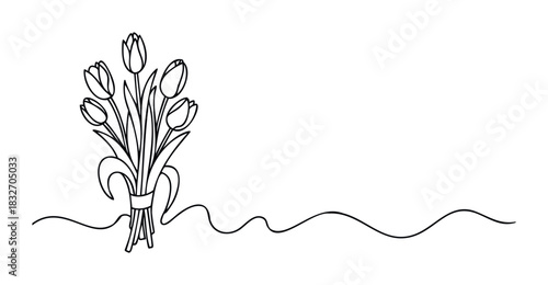 Simple line drawing of a bouquet of tulips tied with a ribbon, extending into a wavy ribbon element for a graceful, elegant presentation of spring flowers suitable for various graphic