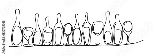 A minimalist black and white line drawing featuring a collection of bottles and glasses arranged on a shelf, perfect for use in beverage marketing or editorial content.