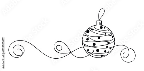 Decorative Christmas bauble with flowing swirls and polka dots in a whimsical outline style, perfect for holiday greeting cards and festive decor