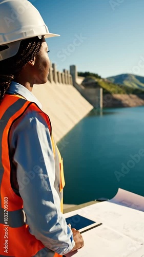 Engineer with blueprint at dam structure professional in safety vest working outside construction industry concept