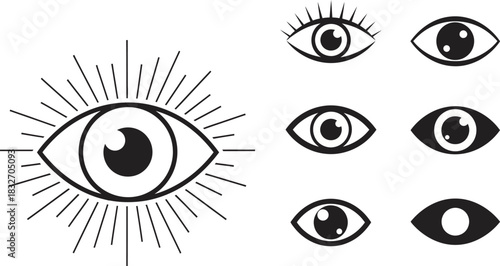 Set of diverse black and white eye icons, symbolizing vision, spirituality, and observation, on a clean background. Vector