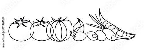 Collection of fresh vegetables including tomatoes, olives, and pea pods in a continuous line style for healthy food concepts and culinary uses