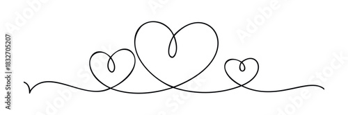 Abstract linear continuous drawing of three intertwined hearts representing love and connection, perfect for romantic themes and graphic decoration applications.