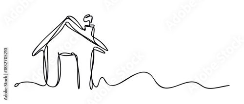 Minimalist continuous line drawing of a simple house with a smoking chimney and wavy ground line, representing home ownership, real estate, and simple living concepts for marketing.