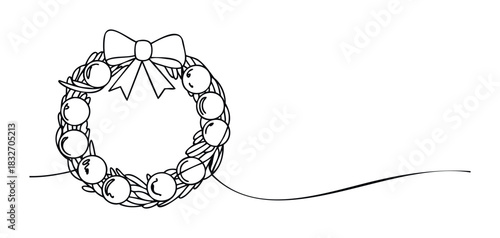 Minimalist outline of a Christmas wreath adorned with baubles and a bow, perfect for seasonal greetings, holiday invitations, and festive web design applications.