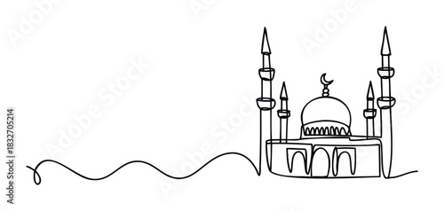 Minimalist single line drawing of a mosque with minarets and a dome, suitable for religious and cultural themes.