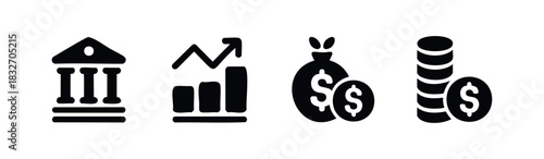 Collection of finance and investment icons including bank, growth chart, money bag, and coin stack for financial services and business concepts.