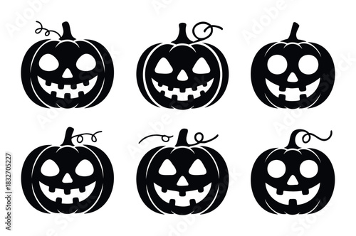 Collection of six black carved pumpkin icons with spooky faces and curly stems for Halloween celebrations and seasonal themes perfect for graphic assets.