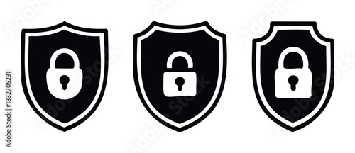 Set of three shield lock icons representing security and protection for data and systems, perfect for digital safety or privacy concepts