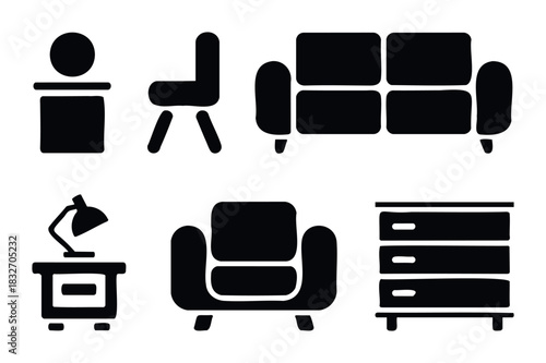 Collection of simplified black furniture icons representing a table, chair, sofa, lamp, armchair, and dresser, perfect for home decor or interior design related applications.