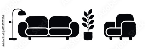 Modern living room furniture arrangement including a sofa, armchair, floor lamp, and potted plant for cozy home decor and interior design visuals.