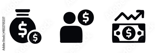 Collection of financial icons representing savings, people, and economic growth for business and investment themes.
