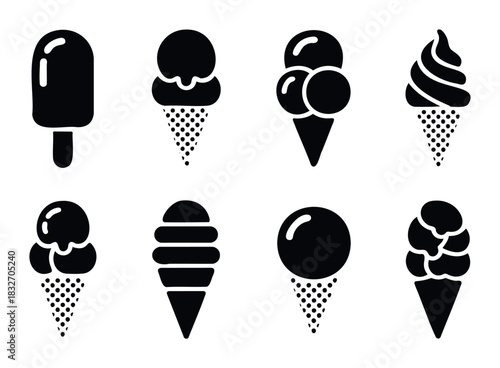 Collection of black and white icons representing various frozen desserts like ice cream cones and popsicles, perfect for food branding and menu graphics.