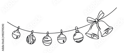 Festive garland of hand drawn Christmas ornaments and bells with ribbon, perfect for holiday greetings and decorations