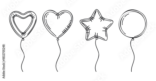 Set of hand drawn balloons in heart, star, and circle shapes with strings for festive celebration or party invitations.