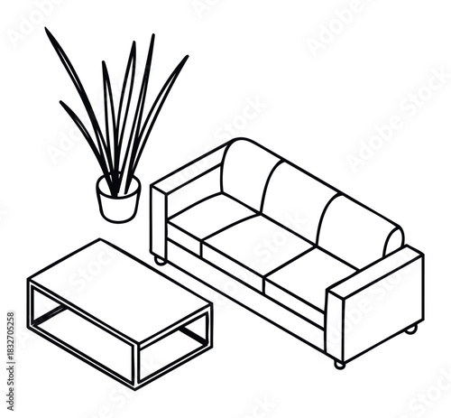 Isometric line drawing of a modern sofa and coffee table with a potted plant, perfect for interior design concepts and home furnishing visualization.