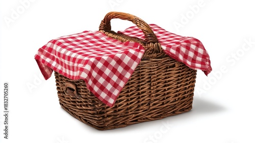 Woven container with a red and white checkered fabric draped over the top sits isolated on white
