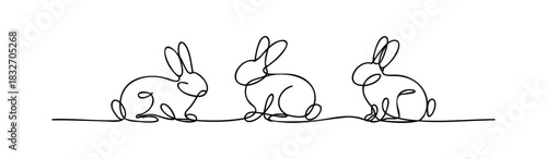 Three minimalist single line drawing bunnies in a row evoking Easter celebration and springtime joy perfect for festive marketing and seasonal greetings