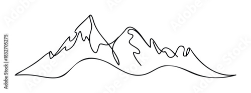 Minimalist continuous line drawing of rugged mountain peaks, perfect for outdoor adventure branding, nature themes, and landscape graphic projects.