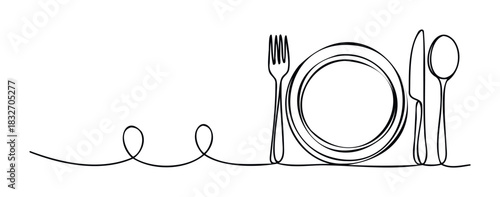Minimalist line art of fork plate knife and spoon representing dining and food service perfect for restaurant menus or culinary websites