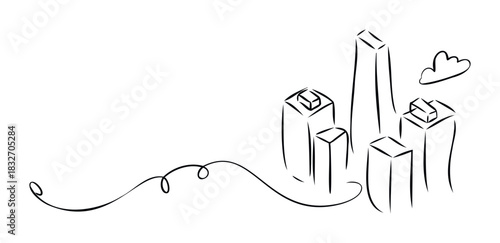 Abstract sketch of modern city skyscrapers and a whimsical cloud, perfect for urban development concepts or minimalist architectural themes with a playful touch.