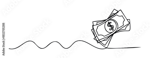 Minimalist continuous line drawing of stacked dollar bills with a flowing wave underneath, ideal for financial services and economic concepts