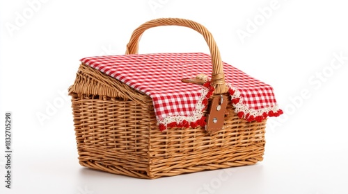 Woven wicker hamper featuring a lid covered with red and white checkered fabric sits against a white background