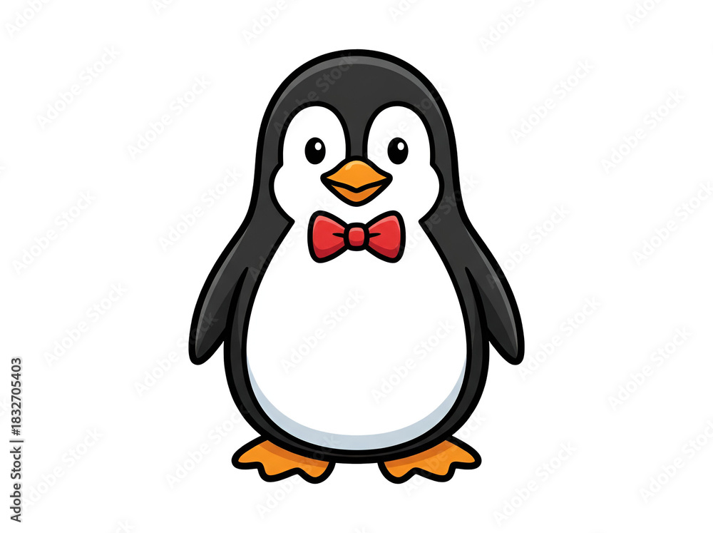 Fototapeta premium Cute cartoon penguin wearing a red bow tie standing against a transparent background