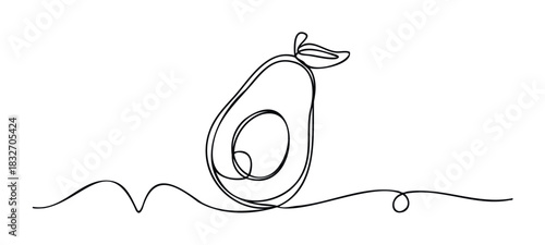 Minimalist single line drawing of a halved avocado with pit and stem, perfect for healthy food promotion and organic product marketing materials