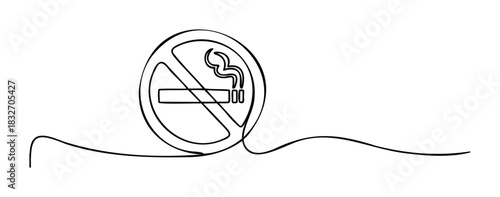 Minimalist black line drawing of a no smoking sign with smoke, representing health warnings and public space regulations, suitable for medical or informational materials