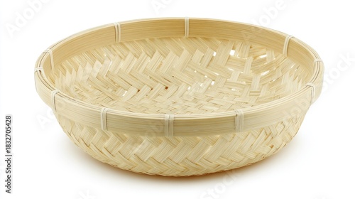 Shallow round container meticulously woven from thin strips of light colored wood material