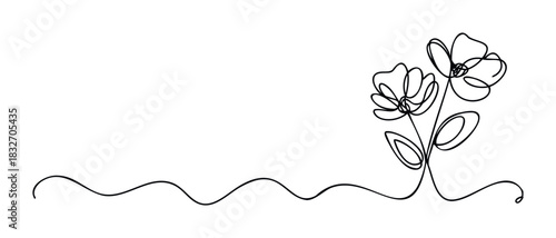 Minimalist black line drawing of two delicate flowers with stems and leaves, extending from a flowing wavy line, ideal for decorative purposes and subtle branding.