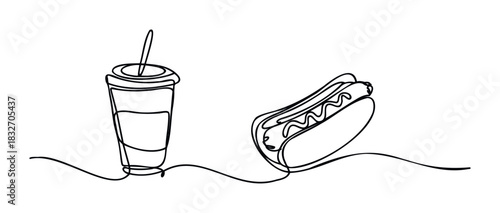 Simple continuous line drawing of a hot dog in a bun with condiments and a drink with a straw, perfect for food and beverage related projects.