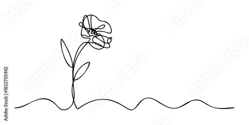 Single line drawing of a delicate flower with wavy ground line, perfect for nature themes, gardening, and organic product promotions.