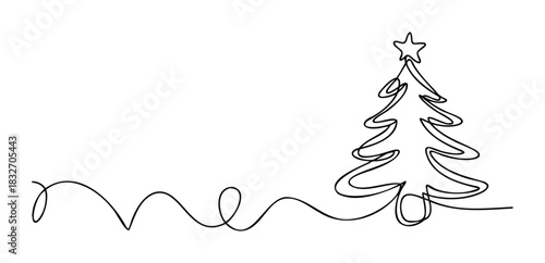 Minimalist single line drawing of a Christmas tree with a star on top and flowing line representing snow or festive decoration, perfect for holiday season projects and celebratory greetings.