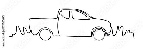 Simple line drawing of a pickup truck with wavy lines representing movement or terrain, perfect for automotive themes, transportation concepts, or graphic accents.