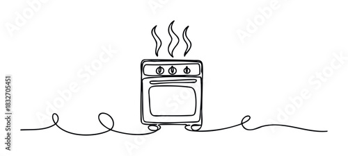 Continuous line drawing of a steaming kitchen oven with stove top and oven door, ideal for cooking and culinary themes, perfect for food blogs and kitchen appliance promotions