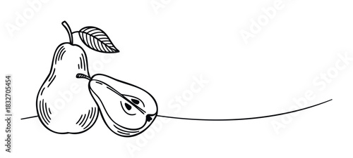Delicate outline sketch of a whole pear and a halved pear with detailed linework and a flowing line extending into space, perfect for food branding and healthy eating promotions